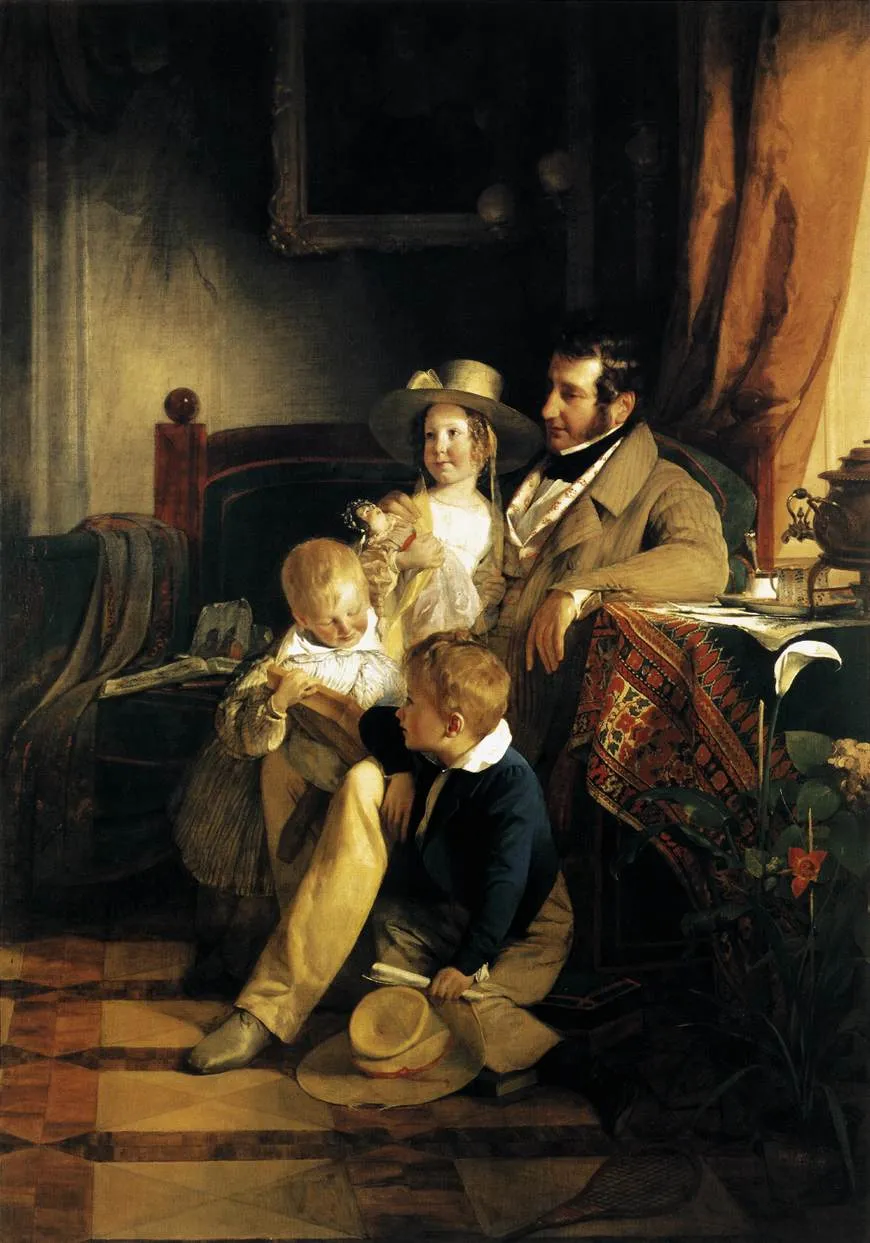 A father in a striped coat sits with three young children in a richly furnished room; one child reads a book on his knee, a girl holds a doll, and a small boy sits at his feet