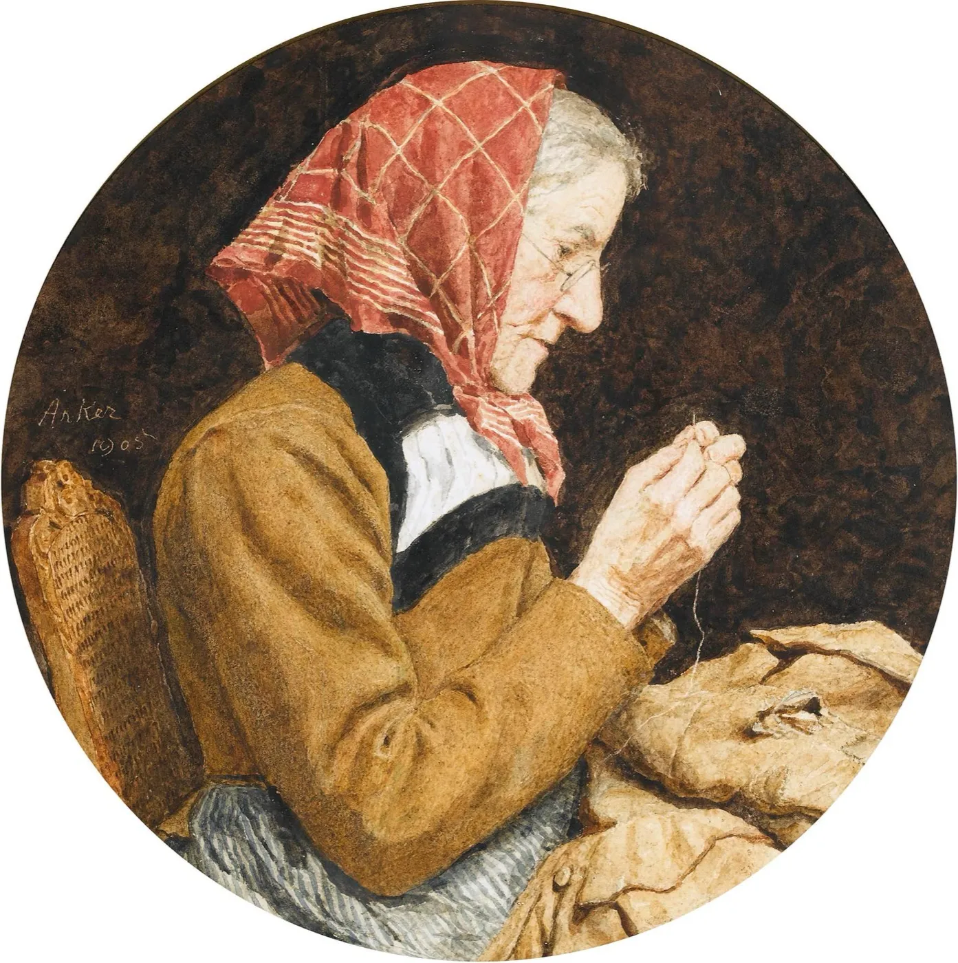 An elderly woman in a red checked headscarf and spectacles sits in profile, threading a needle over a piece of mending