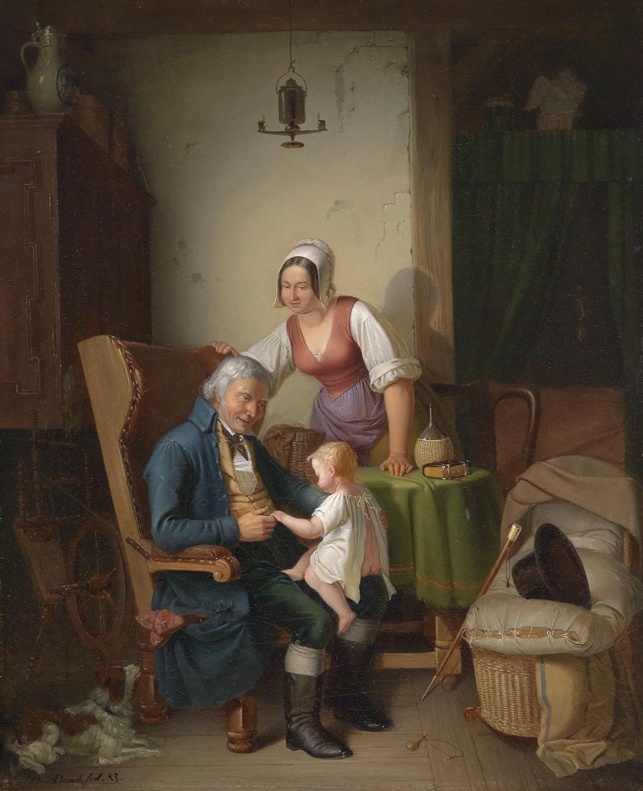 An elderly man in a blue coat sits smiling in a wing chair, holding the hand of a small child on his knee while a young woman leans over the back of the chair