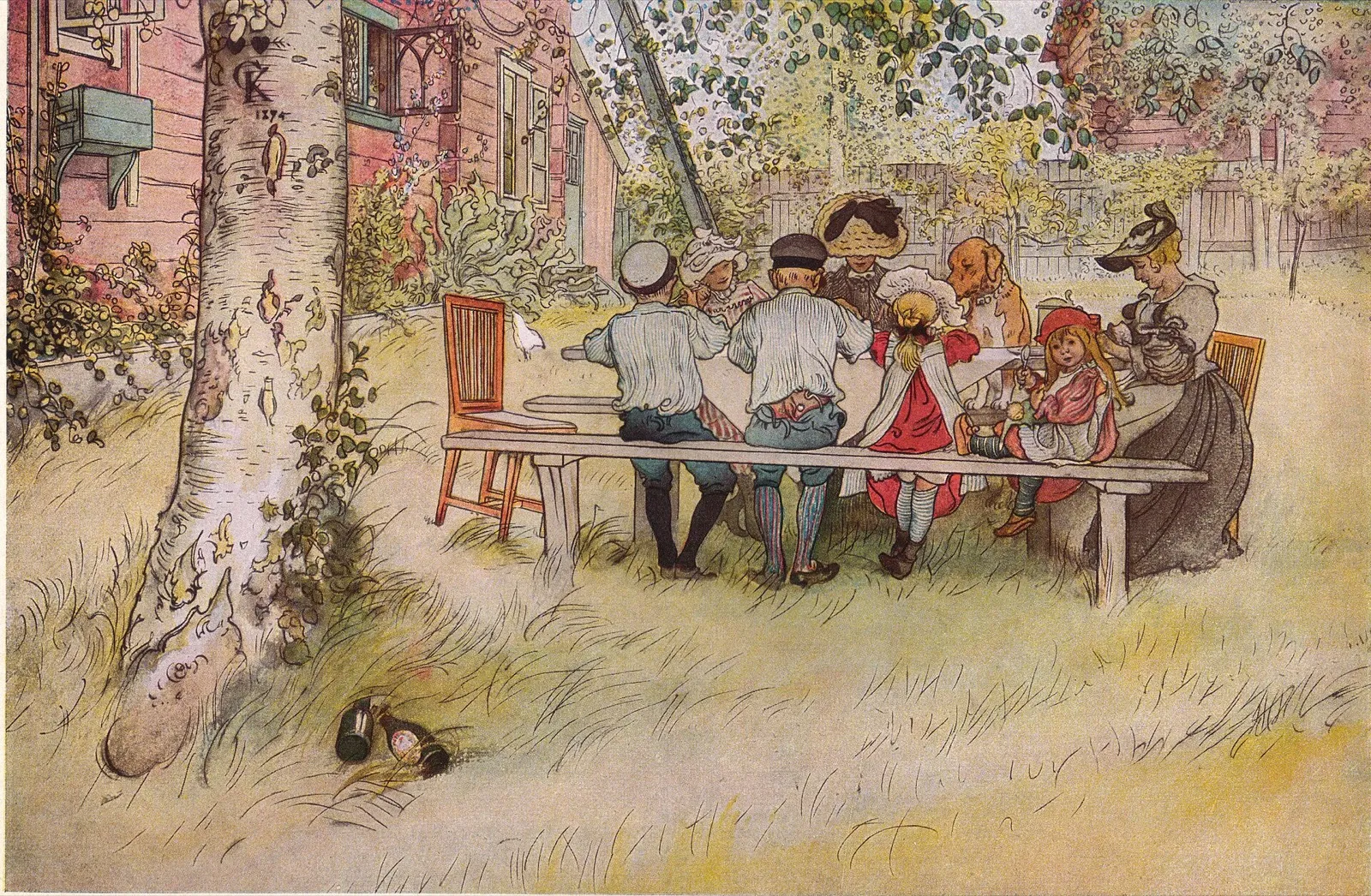 A painting of a family eating breakfast together at a long wooden table under a birch tree in a Swedish garden