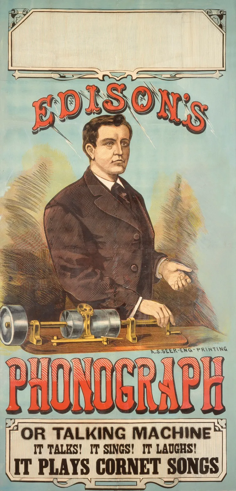 A coloured 1878 poster showing Thomas Edison standing behind his tinfoil phonograph, with the words Edison’s Phonograph or Talking Machine