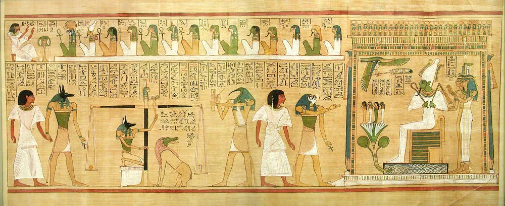 The weighing of the heart scene from the Papyrus of Hunefer, with Anubis at the scales and the monster Ammit waiting below