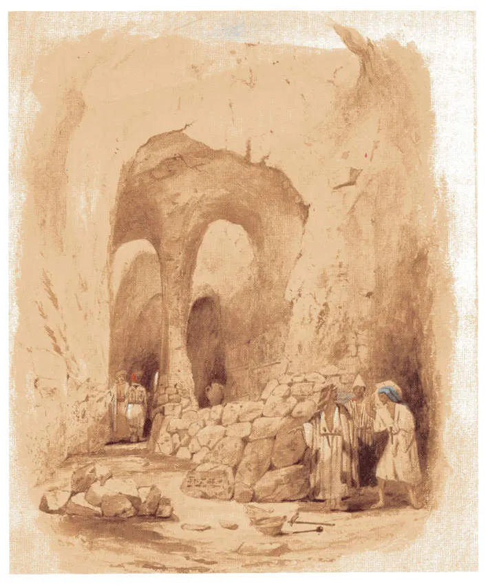 A 19th-century watercolour of workers excavating a ruined palace at Nineveh