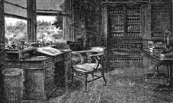 An engraving of Charles Dickens’s study at Gad’s Hill, with his writing desk by the window and his empty chair turned towards it