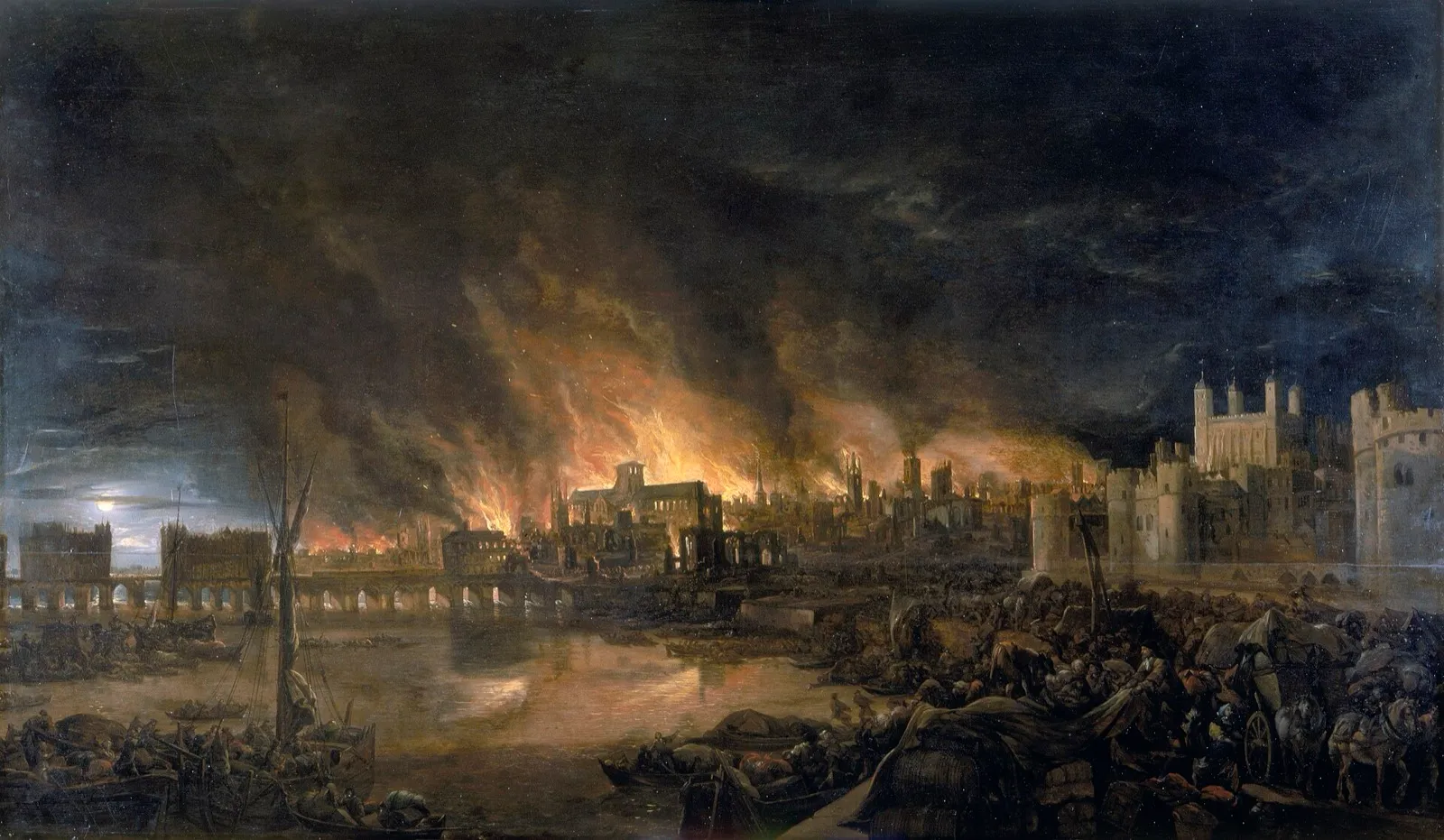 A painting of London burning at night, flames and smoke rising over the city and the river, with crowds and carts fleeing along the bank beside the Tower of London