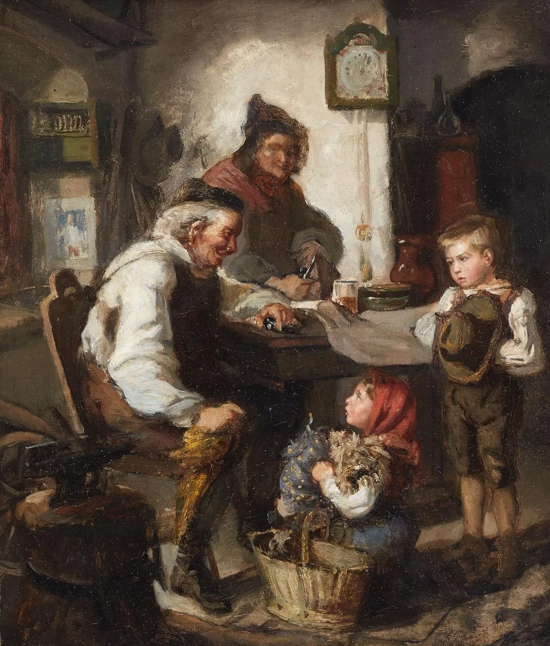 A smiling white-haired grandfather sits at a table in a cottage workshop while a small girl in a red headscarf looks up at him and a boy holding a hat stands nearby
