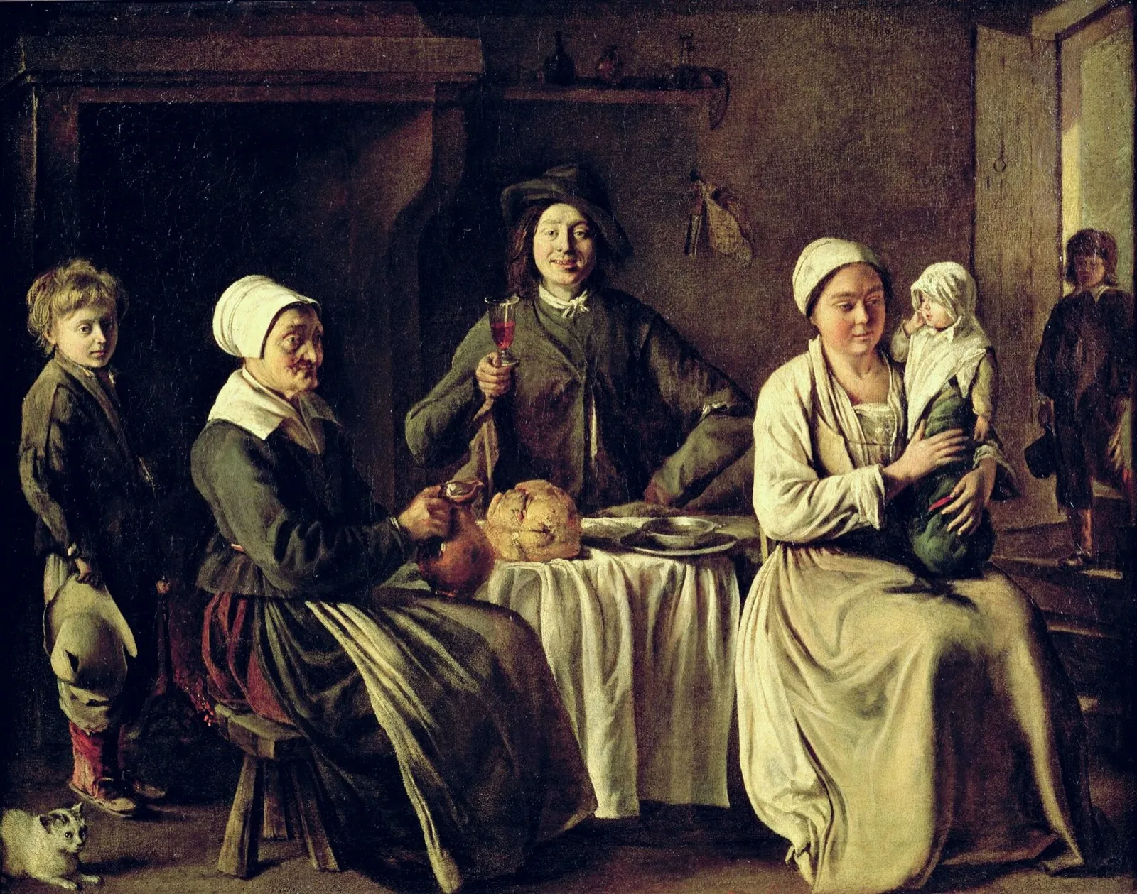A peasant family seated at a table with bread and wine, a grandmother pouring from a jug, a man raising a glass, a mother holding a baby and children standing beside them