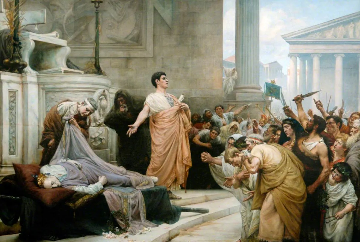 A painting of Mark Antony in a pink toga addressing an agitated crowd in the Roman Forum beside the covered body of Julius Caesar