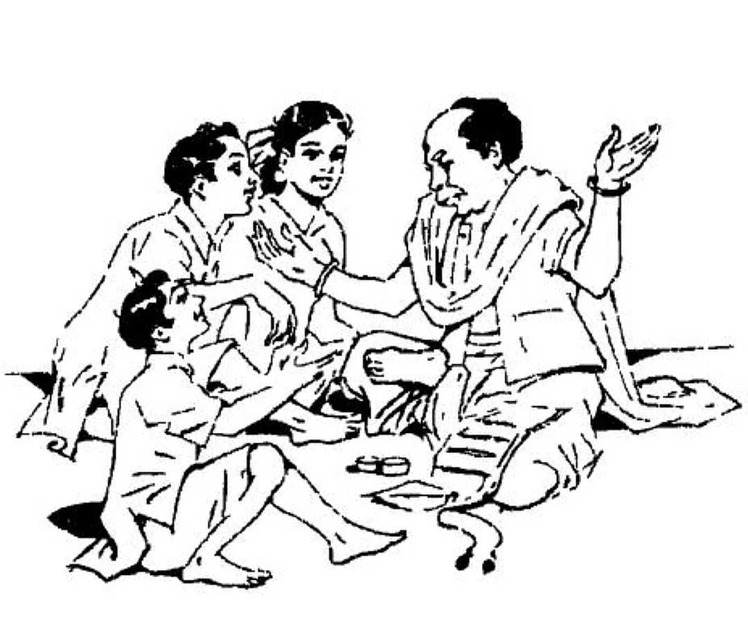 A line drawing of an old man sitting cross-legged on a mat, gesturing as he tells a story to three attentive children