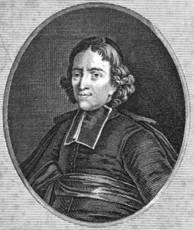 An engraved oval portrait of a priest in a clerical collar and skullcap, with shoulder-length curled hair
