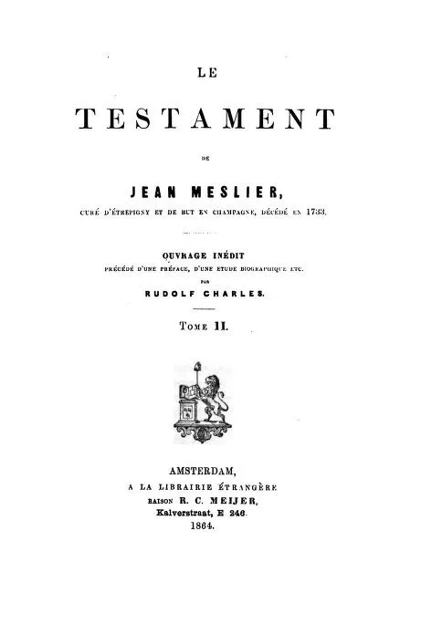 The title page of a nineteenth-century book reading Le Testament de Jean Meslier, Amsterdam, 1864, with a small printer’s device showing a lion