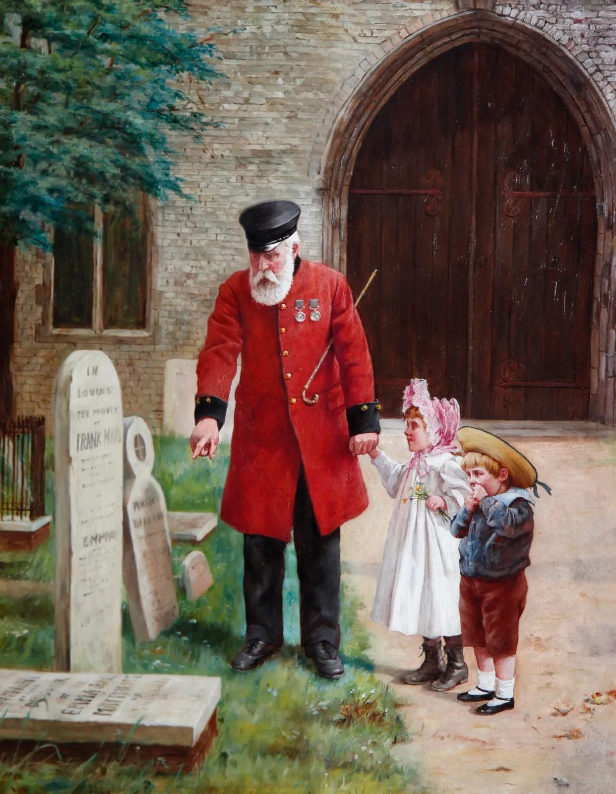 An old man in the red coat and black cap of a Chelsea pensioner points at a gravestone in a churchyard while a small girl in a pink bonnet and a boy in a straw hat look on