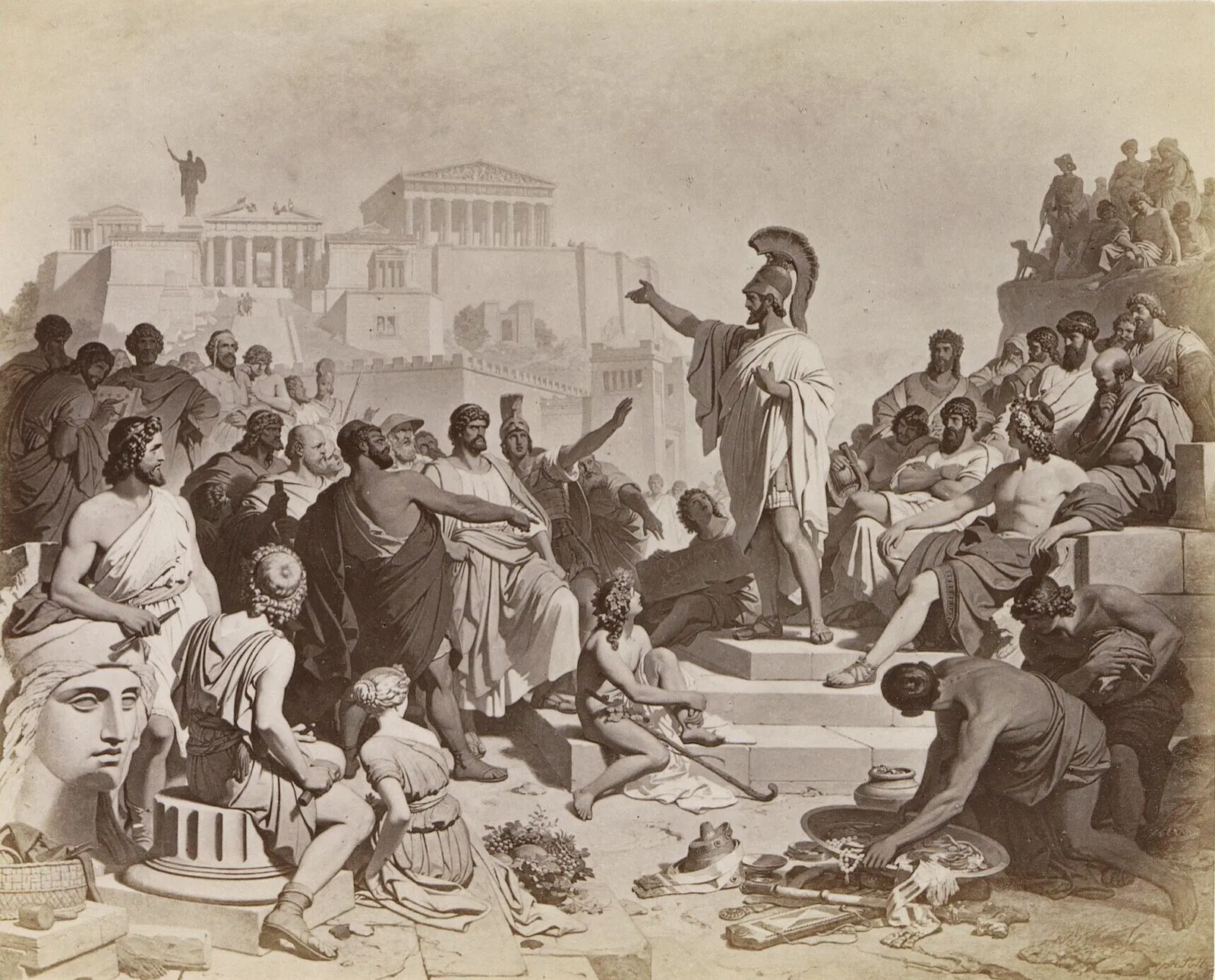 A photograph of a 19th-century painting showing Pericles in a helmet addressing a crowd of Athenians below the Acropolis
