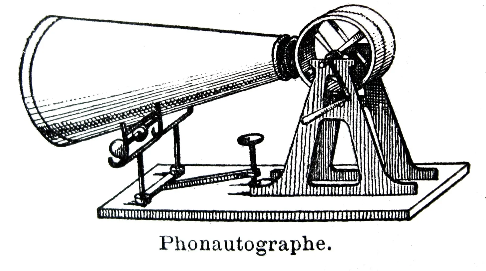 An engraving of a phonautograph: a large horn mounted on a stand, leading to a drum that traced sound waves onto paper