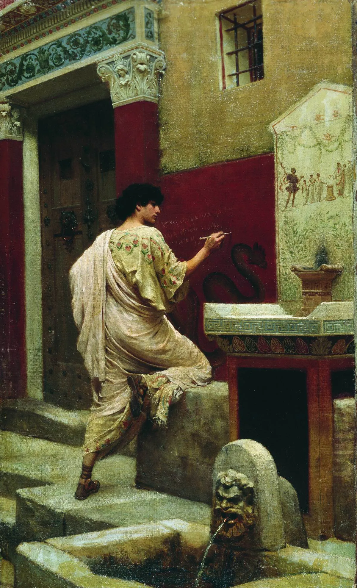 A 19th-century painting of a Roman man in a toga writing on a painted wall in Pompeii
