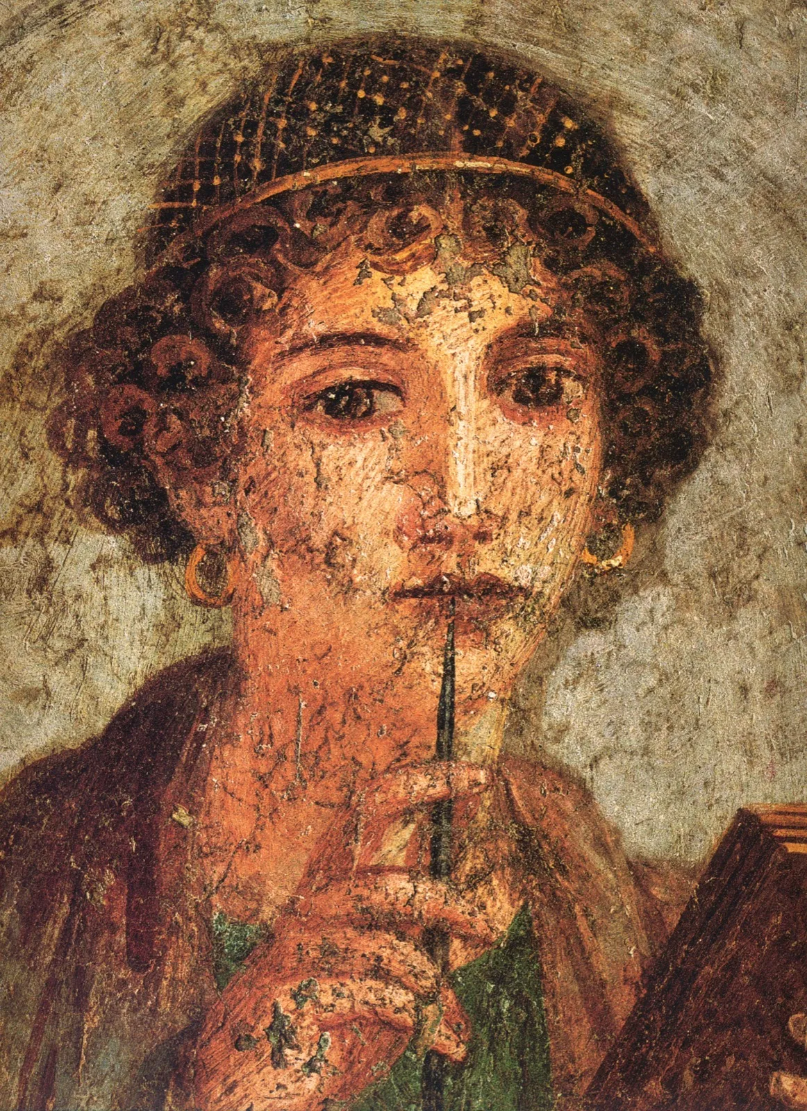 A Roman fresco of a young woman with curled hair in a gold net, holding a stylus to her lips and a set of wax tablets