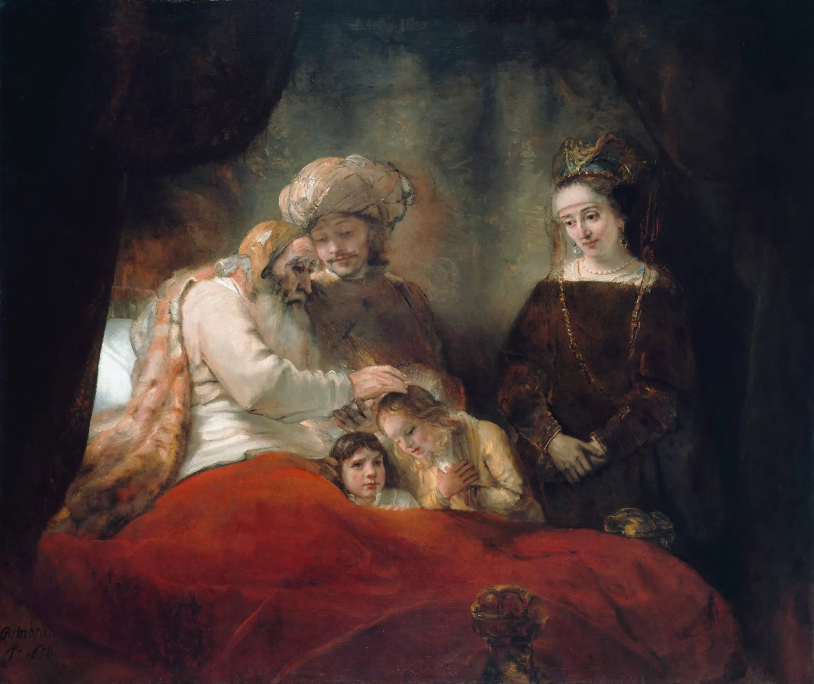 An old man in bed lays his hand on the head of a fair-haired boy while a younger man supports him and a woman in a dark gown watches, lit warmly against a dark background