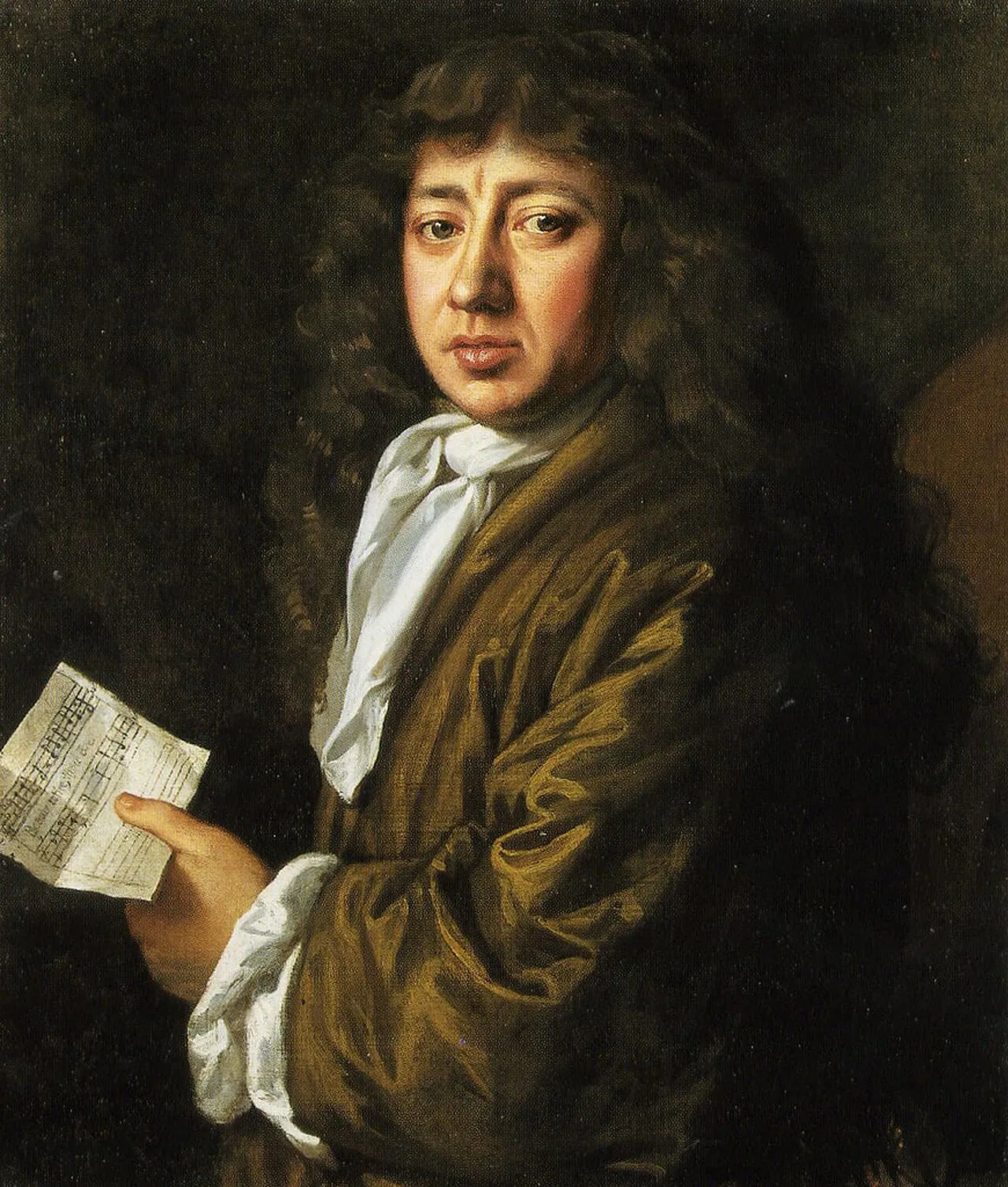 A portrait of a man with long dark curling hair, wearing a loose brown silk gown and white neckcloth, holding a sheet of music