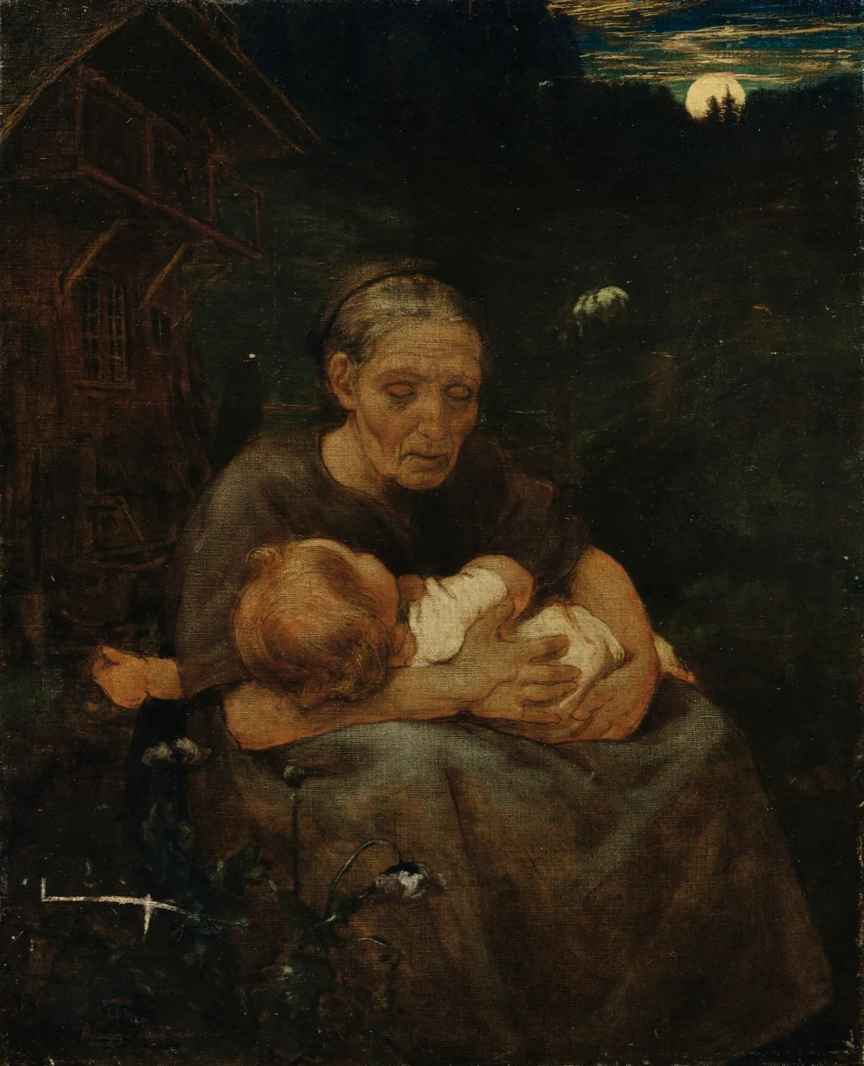 An elderly woman sits outdoors at night holding a sleeping child in her lap, a wooden house behind her and the moon rising over the hills