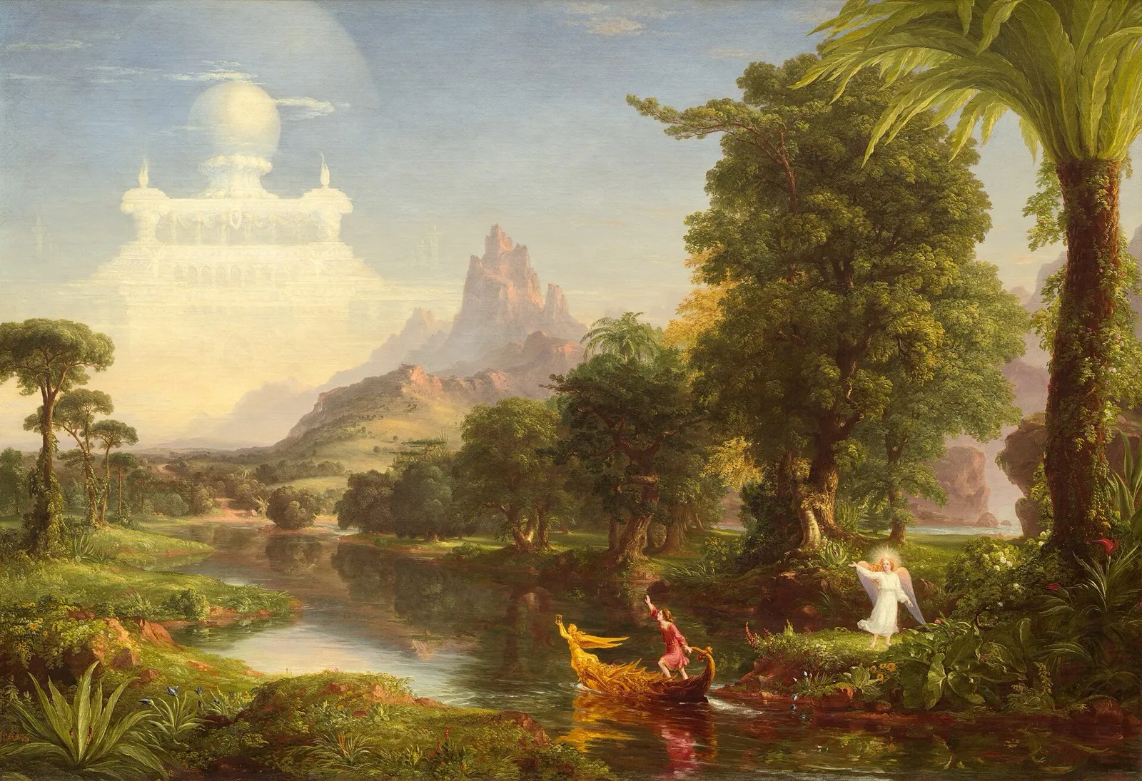 A youth in a golden boat steers along a river towards a shining castle in the clouds, while an angel watches from the bank