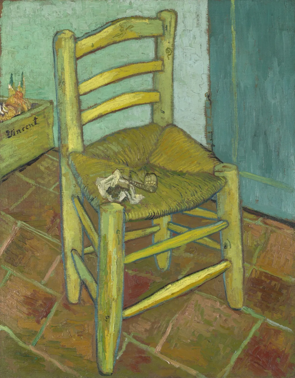 A simple yellow wooden chair with a rush seat, holding a pipe and tobacco, on a red tiled floor