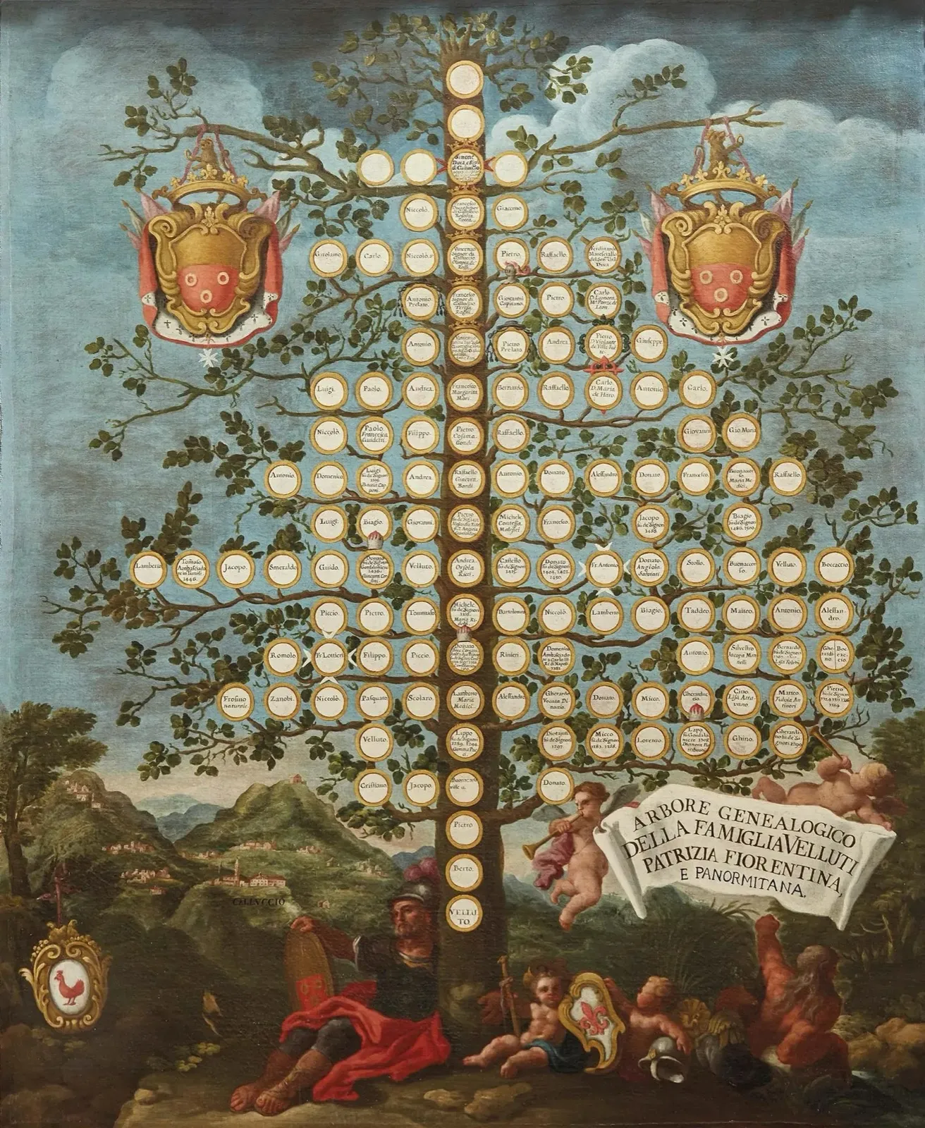 A painted genealogical tree with dozens of named roundels on its branches, coats of arms, cherubs and a scroll reading Arbore genealogico della famiglia Velluti