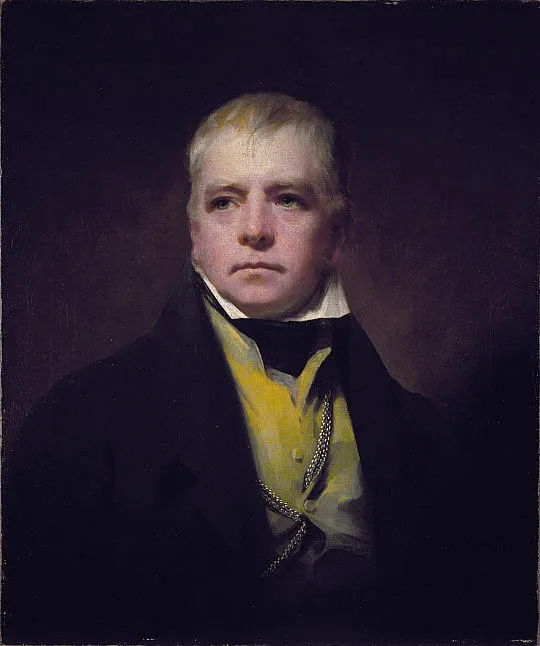 A painted portrait of a middle-aged man with sandy hair and a direct gaze, wearing a dark coat over a yellow waistcoat with a watch chain