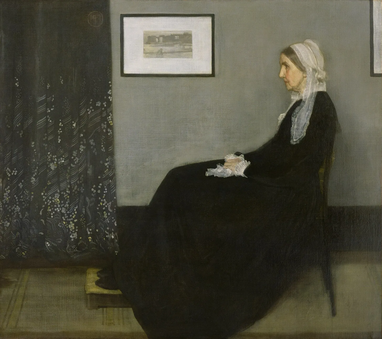 Whistler’s mother, Anna, in a black dress and white lace cap, seated in profile against a grey wall